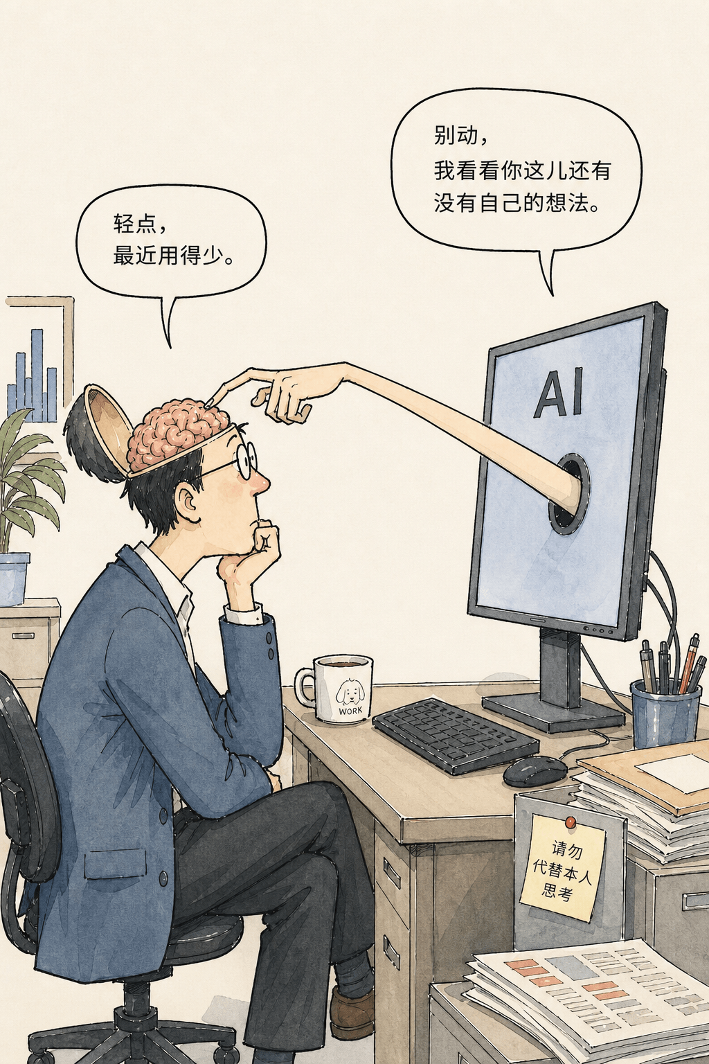 AI替人思考的讽刺漫画:别动,我看看你这儿还有没有自己的想法